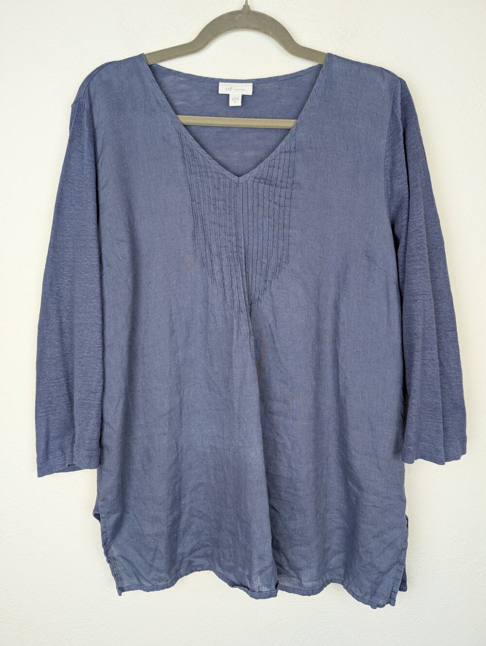 J Jill Love Linen Top Pintuck Pleated Knit Relaxed Boho Lagenlook Blue Size M